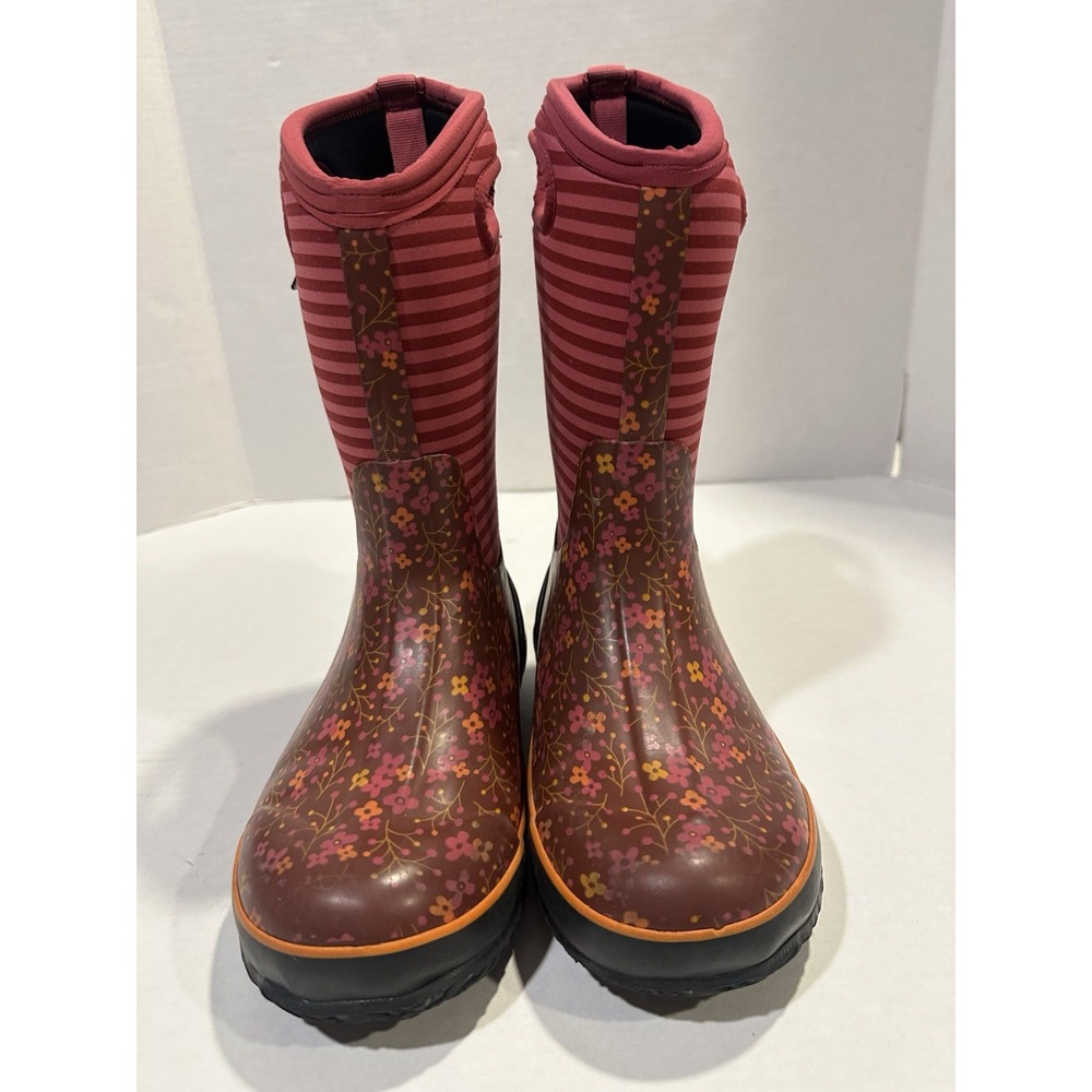Bogs Waterproof Rain Winter Snow Boots Pink Slip On Dark Red Strip Youth Size 5
